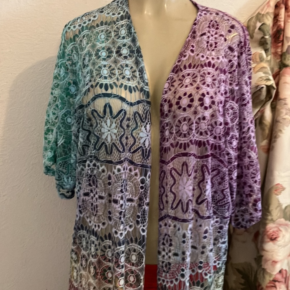 Beautiful Multi Color Lace Over Lay Purple Teal with Fringe Trim at the Bottom